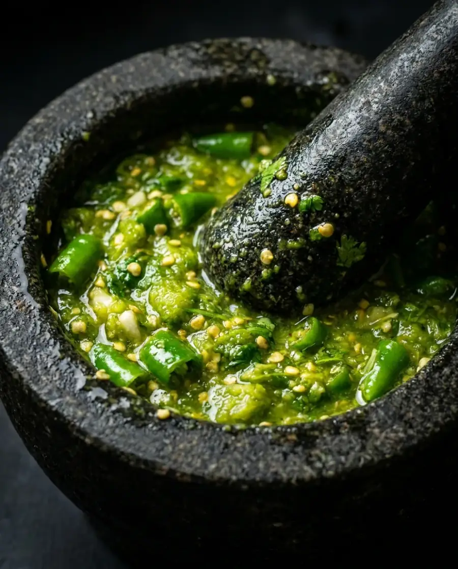 Freshly stone-ground green chilli thecha in a stone mortar